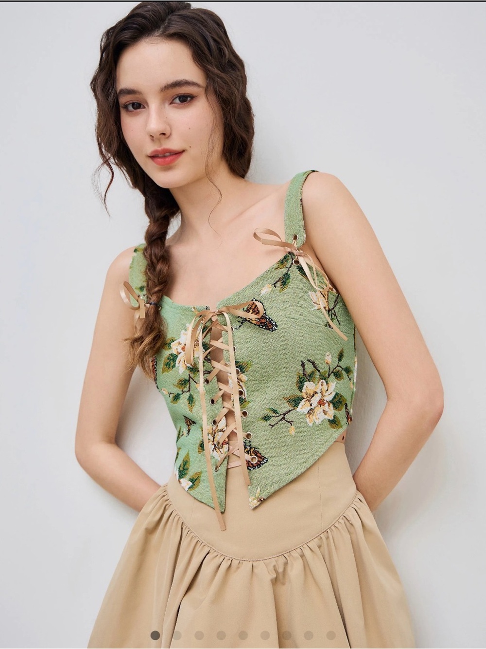 Cider Green Floral Lace-Up Cropped Cami with Bow Straps